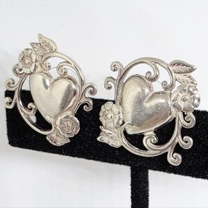 Vintage Jezlaine Sterling Silver Heart Flowers Vines Stud Pierced Earrings